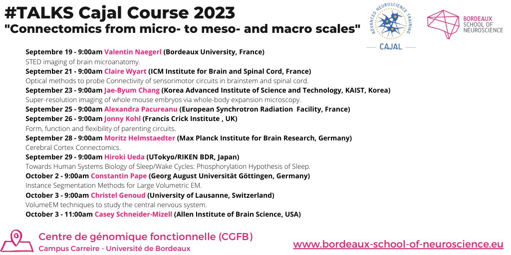Bordeaux School Of Neuroscience 🧠 (@bdxneuroschool) on Twitter photo 🎙️Our #Cajal course on #Connectomics from micro- to meso- and macro-scales will begin next week on Monday:
🎙️Discover the #talks 👇
Open to everybody !
<a href="/Cajal_Training/">The CAJAL Advanced Neuroscience Training Programme</a>
<a href="/gsxej/">Greg Jefferis</a>
<a href="/nicolasrenier/">Nicolas Renier</a>
<a href="/AllenInstitute/">Allen Institute</a> 🎙️Our #Cajal course on #Connectomics from micro- to meso- and macro-scales will begin next week on Monday:
🎙️Discover the #talks 👇
Open to everybody !
<a href="/Cajal_Training/">The CAJAL Advanced Neuroscience Training Programme</a>
<a href="/gsxej/">Greg Jefferis</a>
<a href="/nicolasrenier/">Nicolas Renier</a>
<a href="/AllenInstitute/">Allen Institute</a>