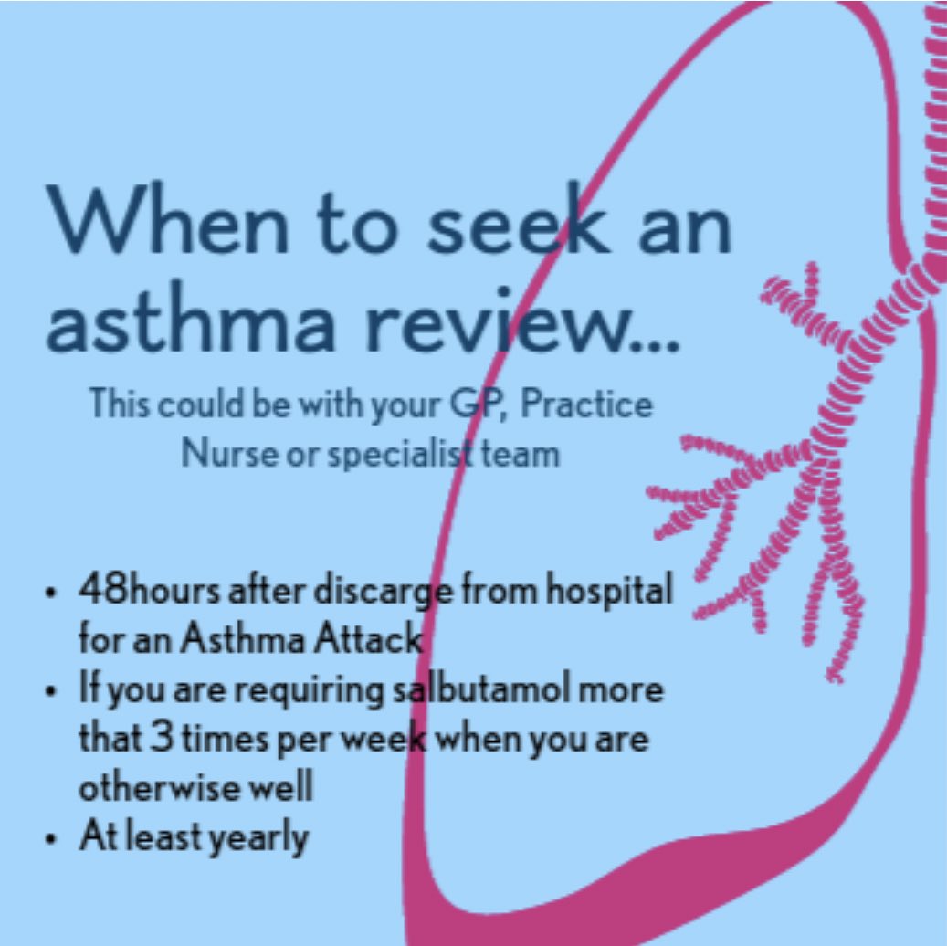 It’s #AskAboutAsthma week! 
✨Everyone should have an #asthma review at least yearly⏱️
✨Or more often if things are not controlled:
🚩Coughing at night 
🚩Requiring regular salbutamol when well (2-3 times p/week)
🚩Struggling with exercise 🏃‍♂️💨
🚩48hours after discharge
