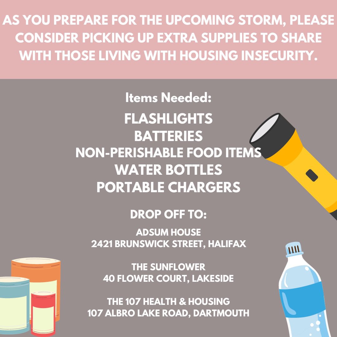 Many people don't have the spare cash to purchase supplies that will keep them going for 72 hours, including Nova Scotians who are housed. As you prepare for the storm, pls help us, or help your neighbours directly. Check on folks. Be safe.
