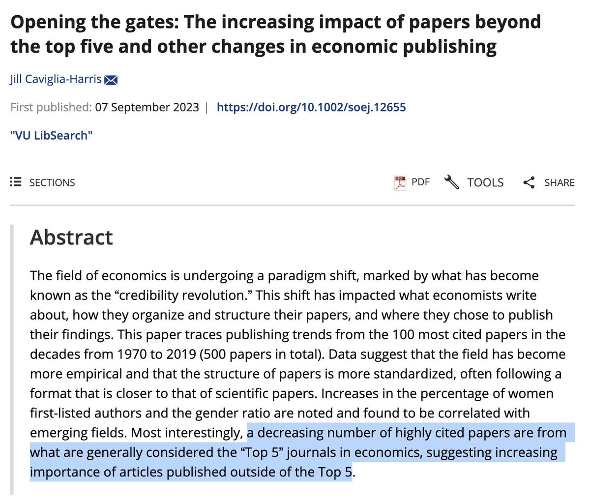 Are 'top 5 journals' losing ground? 'A decreasing number of highly cited papers are from what are generally considered the “Top 5” journals in economics, suggesting increasing importance of articles published outside of the Top 5.' - doi.org/10.1002/soej.1… #econtwitter