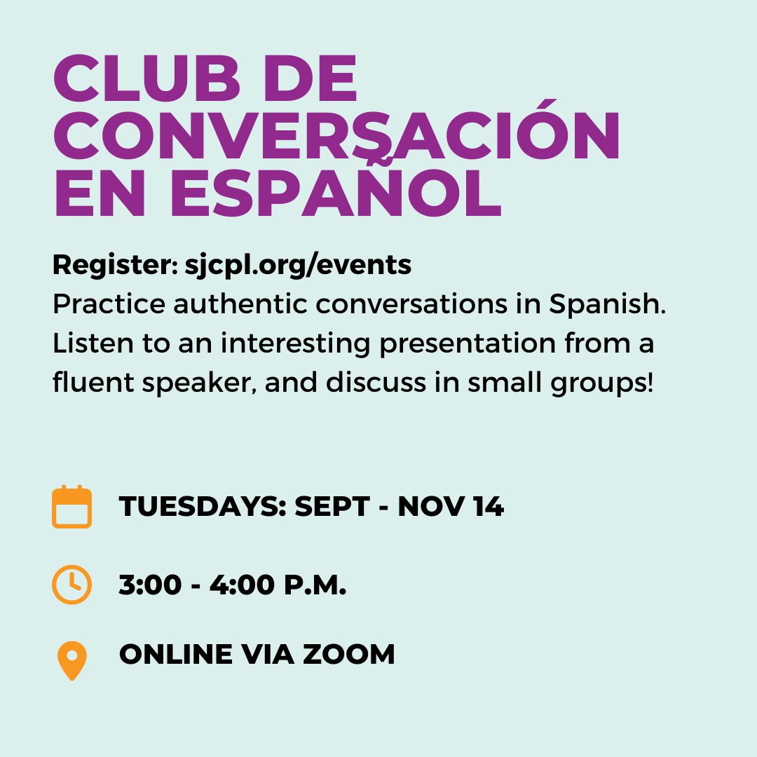 sjcplib's tweet photo. Are you itching to practice your language skills? We'd love to invite you to our Conversation Clubs this Fall! Learn what one conversation club enthusiast, Martin Klubeck, says about his experience!
Register for each club: https://t.co/MQGg80SaXj
#conversationclub #publiclibrary https://t.co/kH4PM03EoE