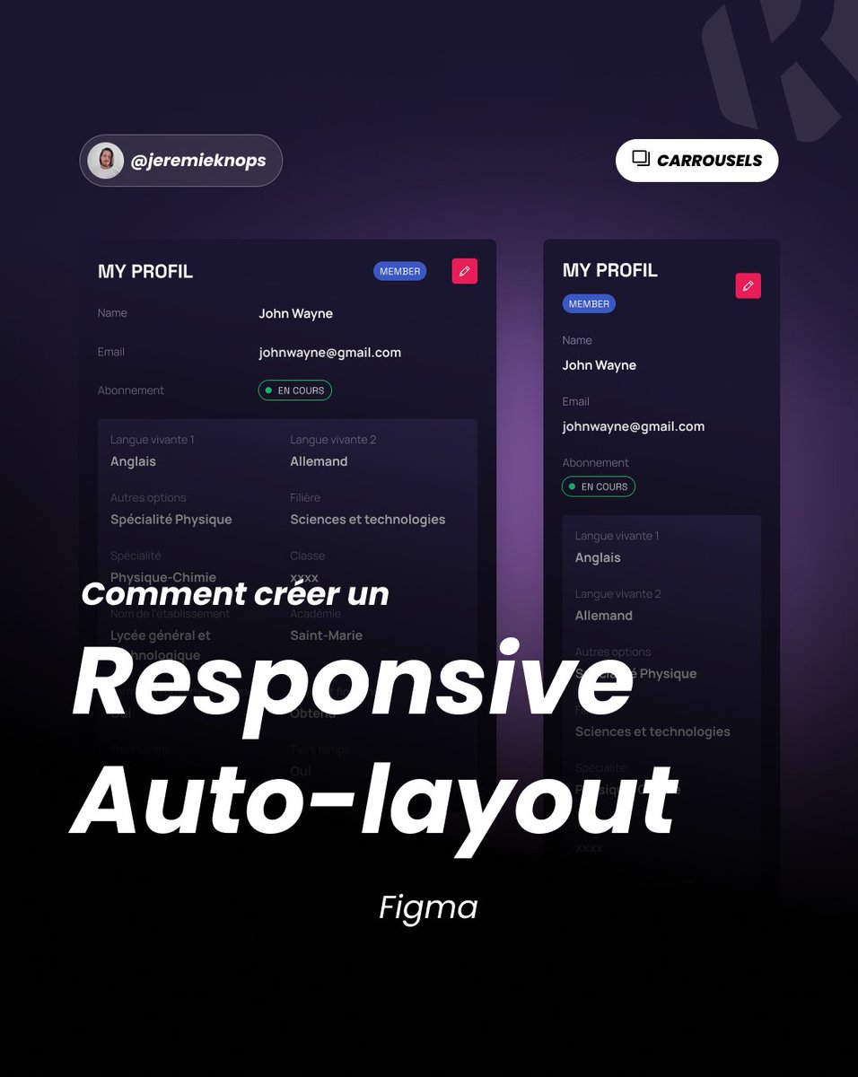 JeremieKnops's tweet image. Comment créer un responsive auto-layout dans Figma 👇
C'est un indispensable sur Figma !
#figmatutorial
Profitez de ce carrousel étape par étape pour rendre tous vos composants adaptatifs aux écrans Desktop / Tablettes / Mobiles.
J'espère que cela vous sera utile🤞