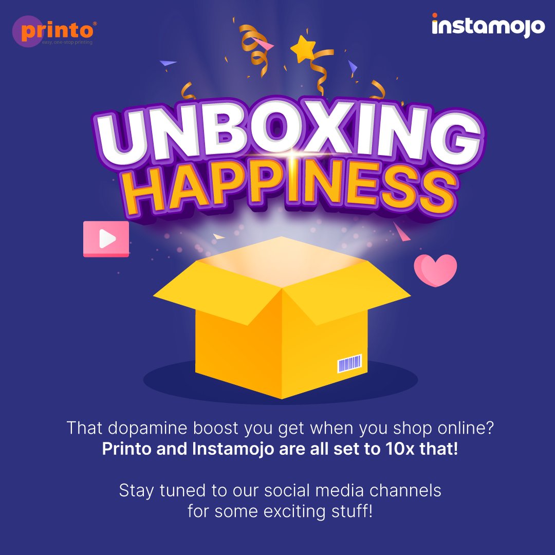 instamojo's tweet image. Watch out for the most exciting offers, content and opportunities 💥

Printo and Instamojo are all set to make online shopping an unforgettable experience ✨

Stay tuned for more news to come!

#UnboxingHappiness #SupportMSME #BrandCollab

@Printo_India
