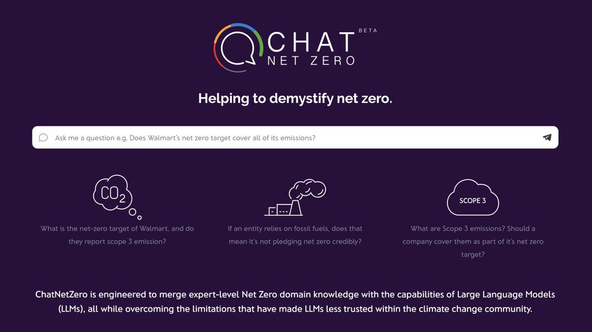 ⏰️ One more day to sign up to beta test #ChatNetZero, the world’s FIRST #AI-powered Large Language Model (LLM) that demystifies #climatecommitments and progress.

Join nearly 200 policy makers and businesses:
docs.google.com/forms/d/e/1FAI…

@datadrivenlab  @NetZeroTracker