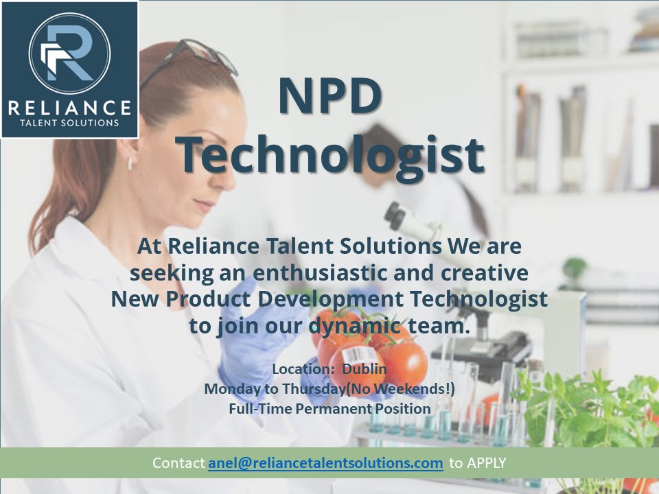RelianceTalent's tweet image. NPD Technologist | Dublin | Monday to Thursday | No Weekends!

We are on a mission to revolutionize the way people think about vegan meals-We are seeking an enthusiastic and creative New Product Development Technologist to join our dynamic team.

Apply today!