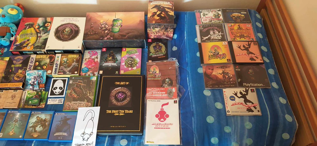 AbeFromOddworld's tweet photo. @OddworldInc Here's my collection!! forgot to show that in the vinyls there are some mini-posters of NNT and SW! @OddworldInc @lorne_lanning https://t.co/MmerR4qhkv