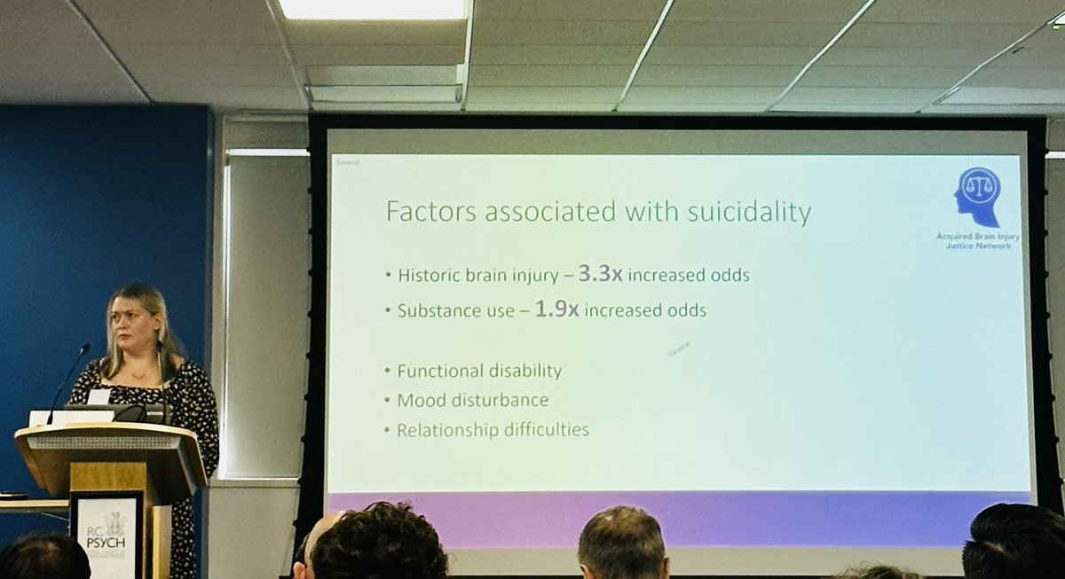 Hope Kent @ABI_Justice presents some stark data on brain injury and mental health in prisons.

“70% of prisoners are estimated to be in need of mental health interventions, but only 10% receive it”

“Brain injury was the biggest risk factor for suicide in prisoners” #neuroconf23