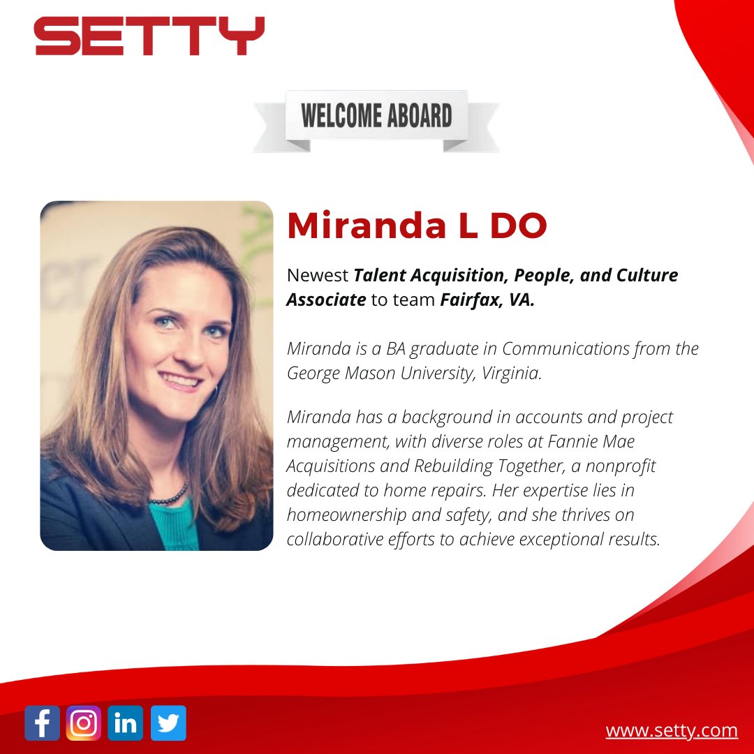 A warm welcome to Miranda Do, our newest team member in Fairfax, VA. As our Talent Acquisition, People, and Culture Associate, Miranda brings a wealth of skills and enthusiasm to our team. Looking forward to achieving new heights.
-
#talentacquisition #hr #setty #mepfp #fairfax