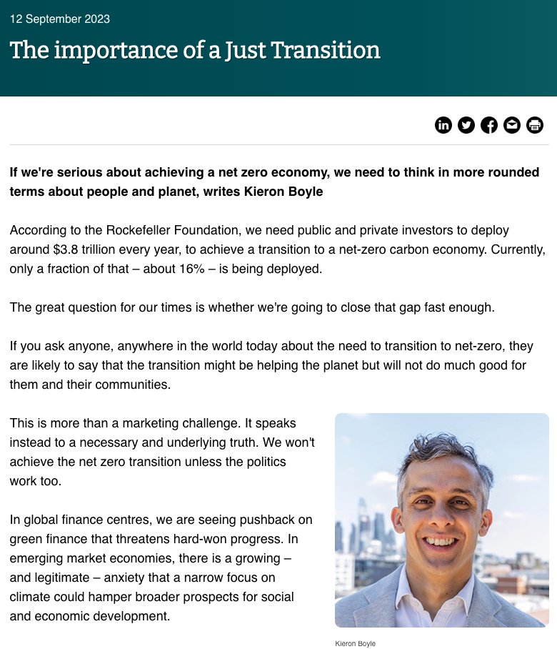 Impact Investing Institute (@impactinvinst) on Twitter photo Our CEO <a href="/KieronJBoyle/">Kieron Boyle</a> wrote about the importance of mobilising more capital for a fair and inclusive transition to a net zero economy for <a href="/Enviro_Finance/">EnvironmentalFinance</a> this week. Read the full piece here: bit.ly/48qGpR8 Our CEO <a href="/KieronJBoyle/">Kieron Boyle</a> wrote about the importance of mobilising more capital for a fair and inclusive transition to a net zero economy for <a href="/Enviro_Finance/">EnvironmentalFinance</a> this week. Read the full piece here: bit.ly/48qGpR8