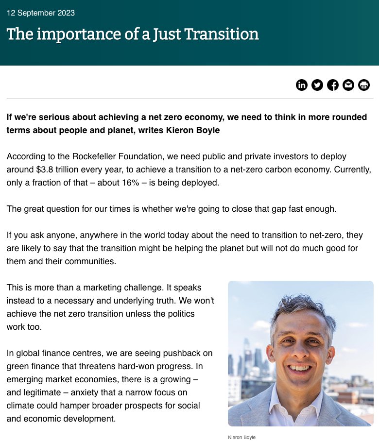 Our CEO @KieronJBoyle wrote about the importance of mobilising more capital for a fair and inclusive transition to a net zero economy for @Enviro_Finance this week. Read the full piece here: bit.ly/48qGpR8