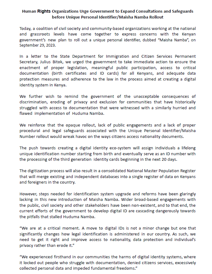 thekhrc's tweet photo. #Statement
The Kenyan govt is set to roll out a UPI, dubbed "Maisha Number" that everyone born in Kenya will have. We remind the govt that this opaque rollout would wreak havoc on the ways citizens access nationality documents. Read More ⏩https://t.co/M1zGA2EOhL https://t.co/kkbiajL8vr