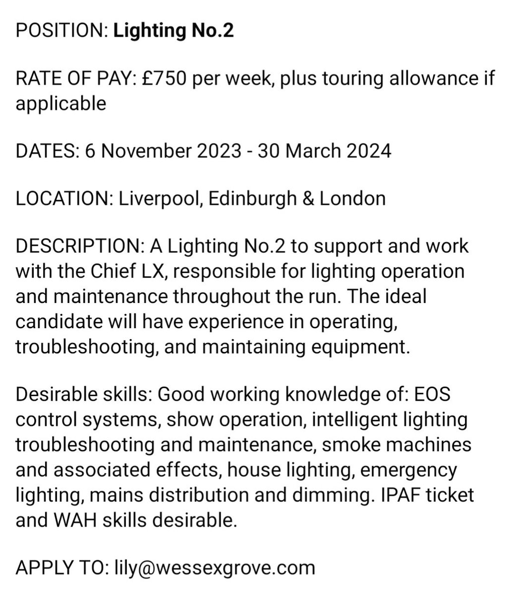 We're looking for an LX1 and LX2 for this new and incredible show. 

Please share!

#Macbeth
#Lighting #Lx1 #Lx2 #HeadofLighting