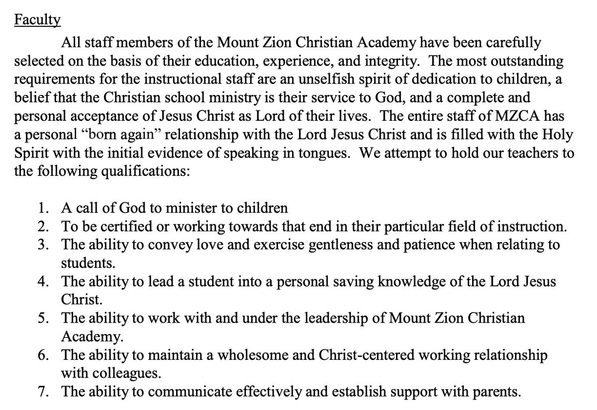 JustinParmenter's tweet image. NC requires public school teachers to hold a license.  

Durham, NC&apos;s Mt. Zion Christian Acad receives public $ for vouchers. They require their teachers to demonstrate their relationship w/the Holy Spirit by speaking in tongues.    

A license is optional.   #nced #ncpol #ncga