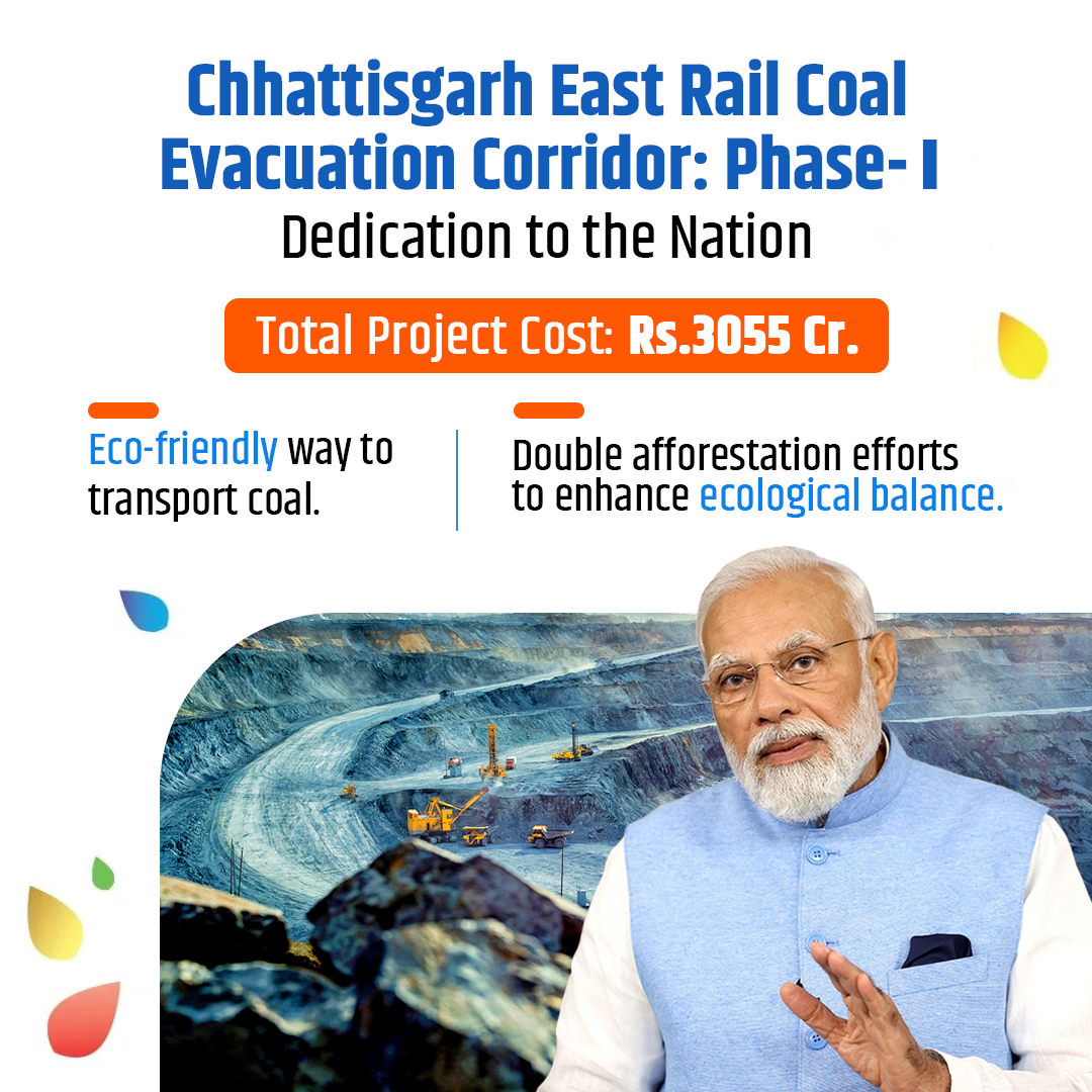 With an investment of Rs 3055 crore, Phase I of Chhattisgarh East Rail Coal Corridor aims to facilitate seamless & eco-friendly transportation of coal, also promoting afforestation to enhance the state's green cover. #PMGatiShakti_CoalEvacuationCorridor #CoalRailCorridor