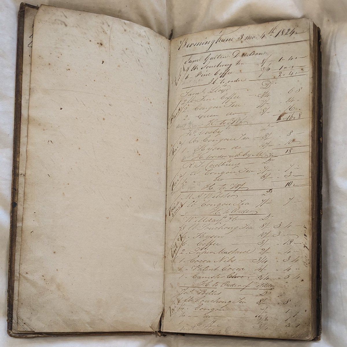 This is the daybook of John Cadbury who went on to found a certain famous Birmingham Chocolate Factory. Before this, he began by selling tea, coffee and other luxury items from a shop in Bull Street and this is the first daybook from this enterprise… [2/5]