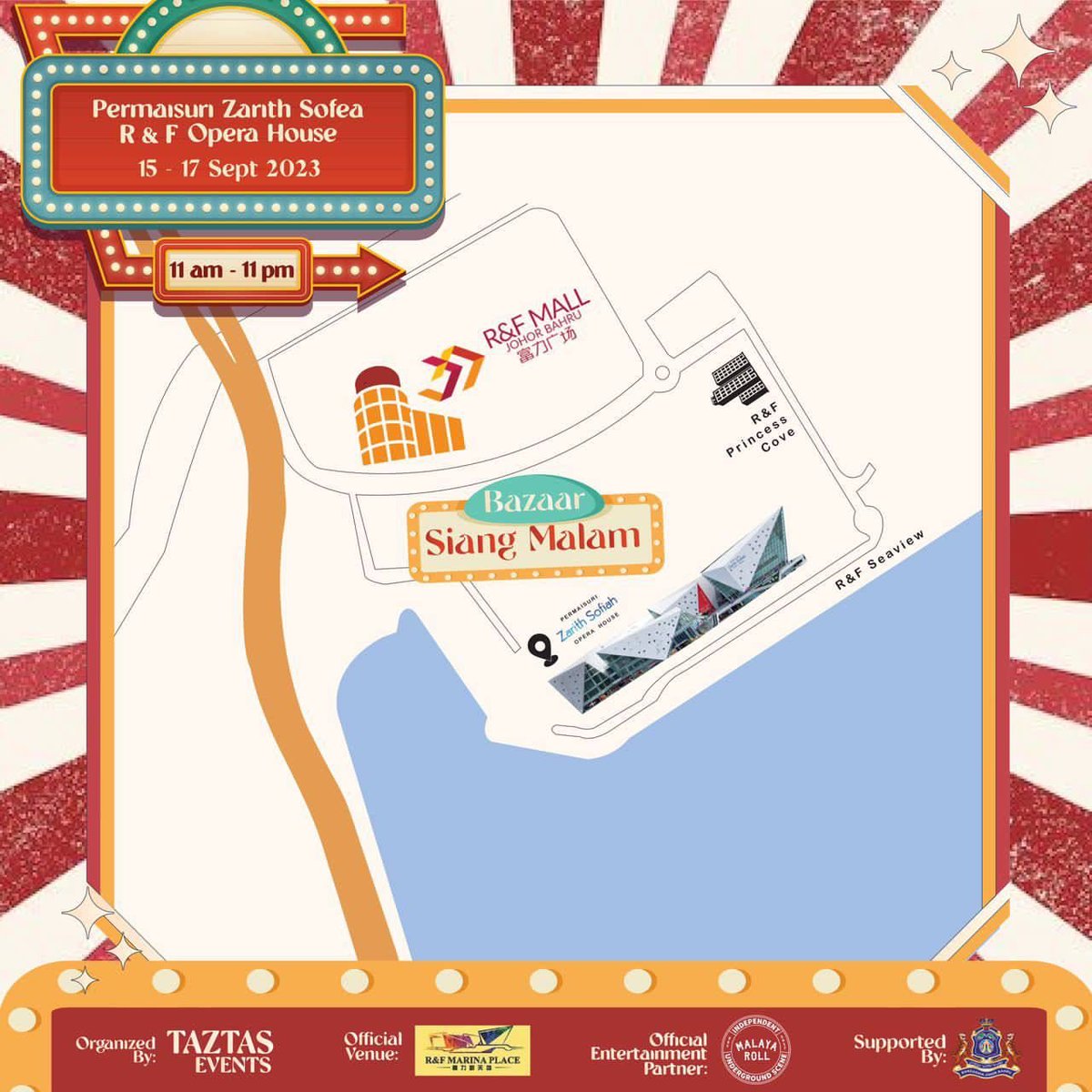 Hai korang semua. Hujung minggu ni buat apa je tu. Jom luangkan masa ke Bazaar Siang Malam dari 15 hingga 17 September di R&amp;F MARINA PLACE. 

Pelbagai vendor jualan dan aktiviti menarik dijalankan.

Kita ada persembahan puisi dan band yang akan memeriahkan lagi acara ini nanti.