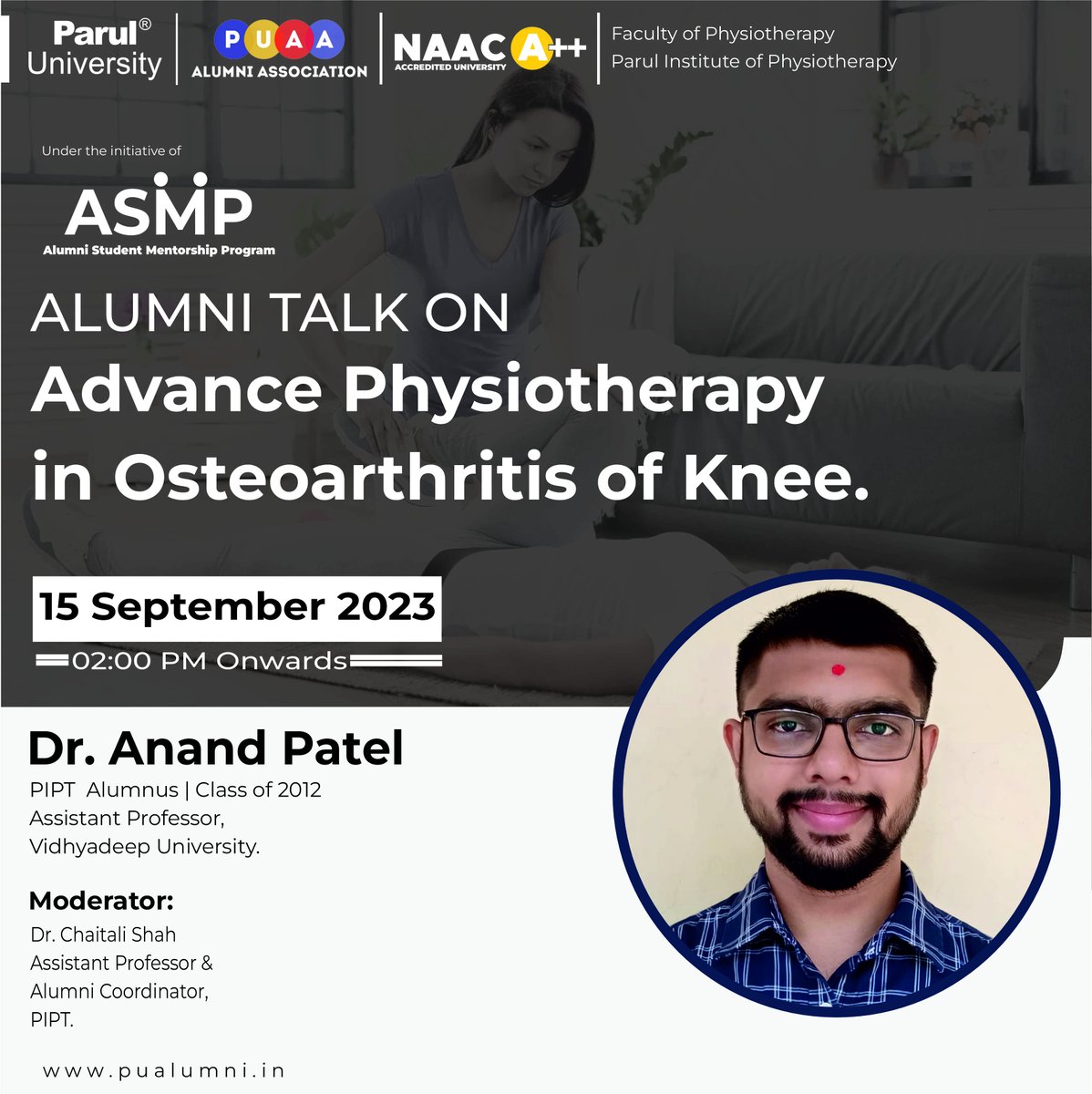 ParulAlumni's tweet image. As part of the Alumni Student Mentorship Program, Parul University Alumni Association, in collaboration with PIPT, is organizing an Alumni Expert Talk on 15.09.2023.

#AlumniTalk
#PIPT #Classof2012
#Physiotherapy
#PUAlumniAssociation
#ParulUniversity