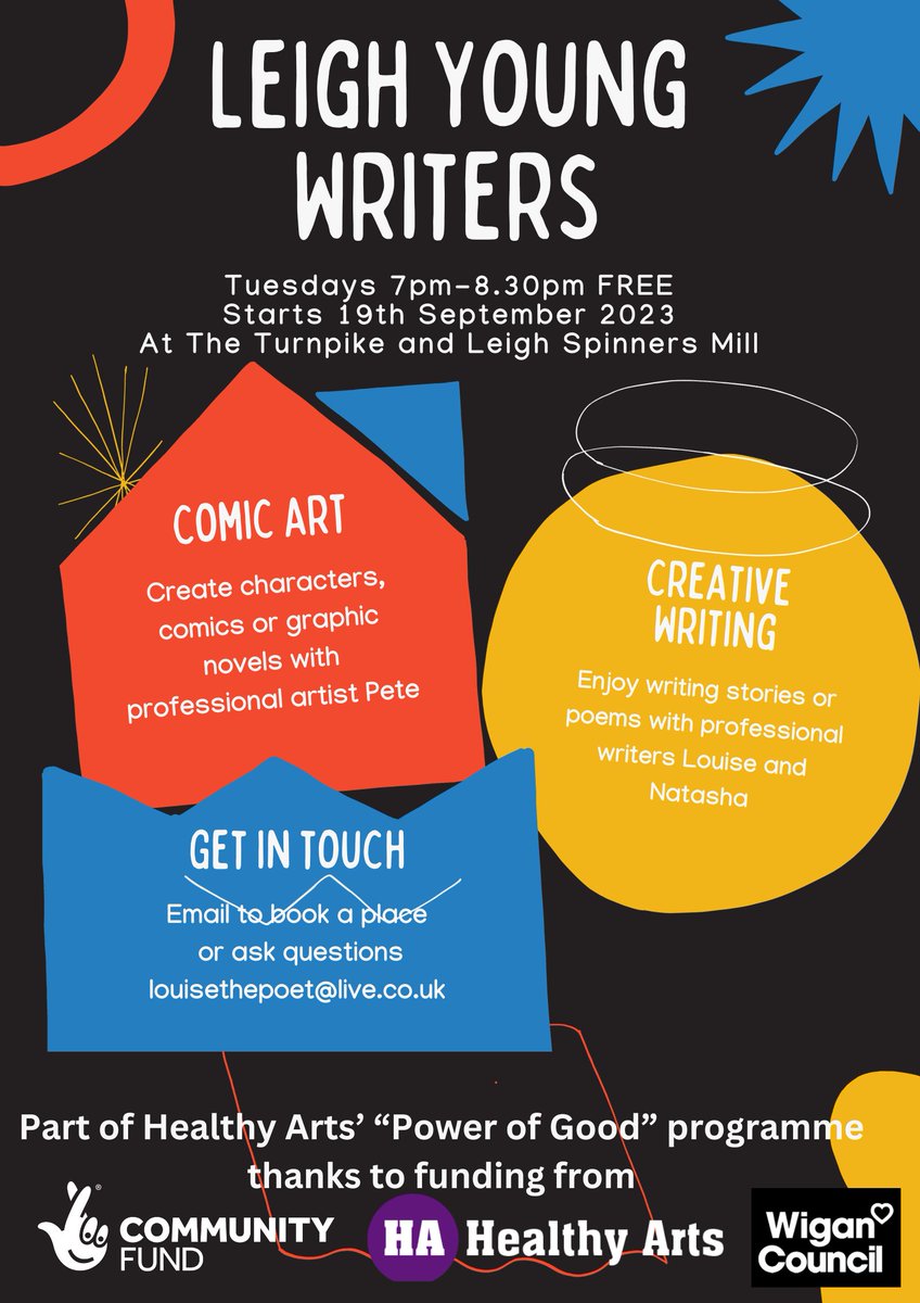 Healthy Arts (@healthy_arts) on Twitter photo LYW is back for creative writers aged 11 to 16. First session is <a href="/SpinnersMill/">Leigh Spinners Mill</a> on 19 Sept then <a href="/the_turnpike/">The Turnpike CIC</a> the following week. Facilitators will let you know about regular sessions taking place through to March. New members very welcome.
Thanks to <a href="/TNLComFund/">The National Lottery Community Fund</a> @FireWithinWigan LYW is back for creative writers aged 11 to 16. First session is <a href="/SpinnersMill/">Leigh Spinners Mill</a> on 19 Sept then <a href="/the_turnpike/">The Turnpike CIC</a> the following week. Facilitators will let you know about regular sessions taking place through to March. New members very welcome.
Thanks to <a href="/TNLComFund/">The National Lottery Community Fund</a> @FireWithinWigan