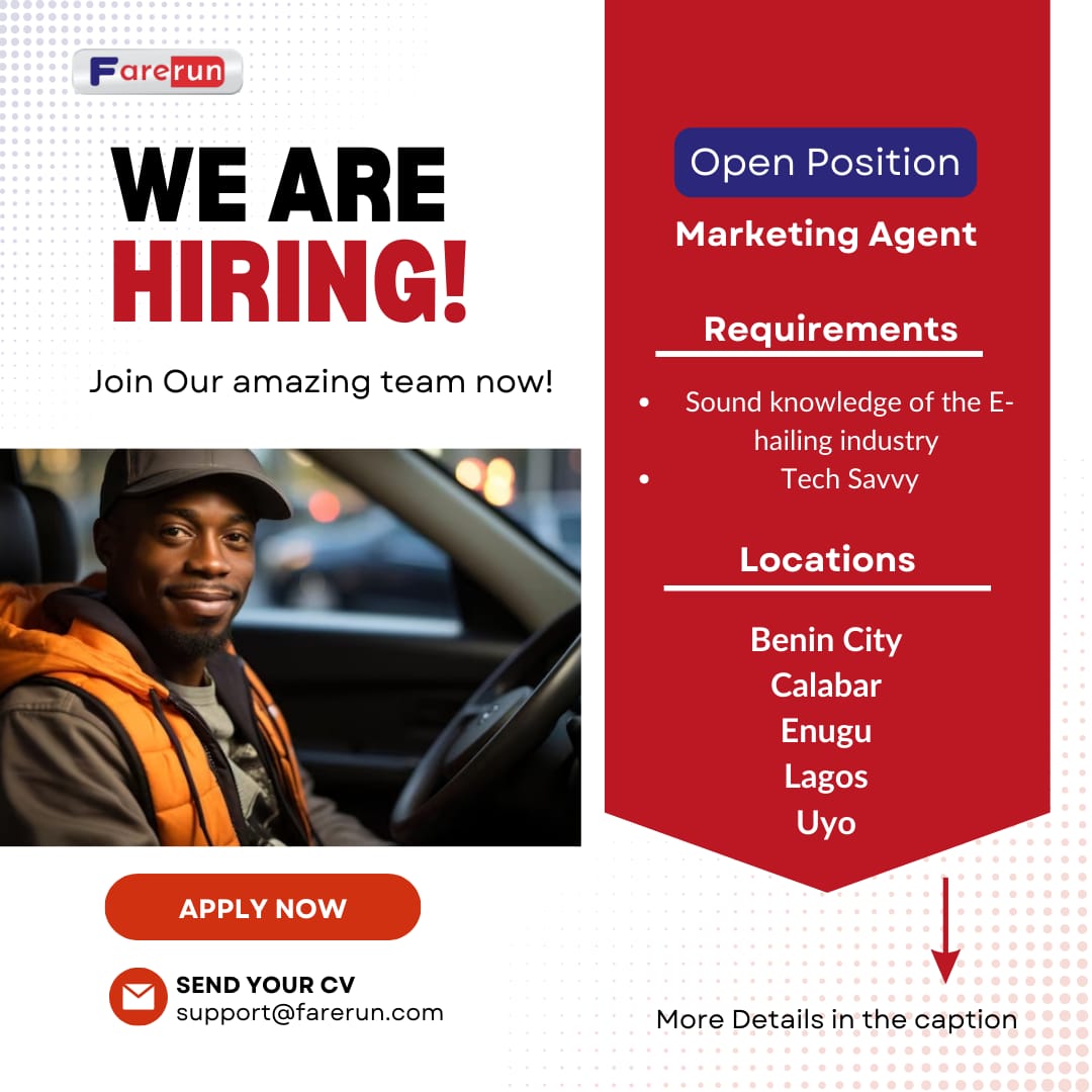 FareRun_Nigeria's tweet photo. We're seeking enthusiastic Farerun Agents to expand our driver network in Lagos, Uyo, Benin, Calabar, and Enugu. Your responsibilities include driver recruitment, onboarding, documentation, monitoring, and reporting.
#Farerun #MarketingAgent #RideShare #RideWithUs #Apply https://t.co/t37DtMuIqE
