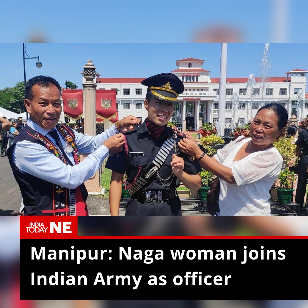 IndiaTodayNE's tweet photo. Ch Enoni, a 22-year-old from #Manipur’s Senapati district, has achieved a significant milestone by becoming the first #woman from the Mao Naga community to join the #IndianArmy as an #officer in the general category.

She was one of the 36 women cadets among the 161 who were officially commissioned into various arms and services of the Indian Army from the Officers Training Academy (OTA) in #Chennai.

Enoni, inspired by her father's service in the Assam Rifles, embarked on this journey despite facing language barriers.

Her determination and dedication allowed her to overcome these challenges during the 11 months of intensive training, demonstrating her resilience and commitment to her new role in the Indian Army.

#Manipur #nagawomen #IndianArmy #officer #senapati