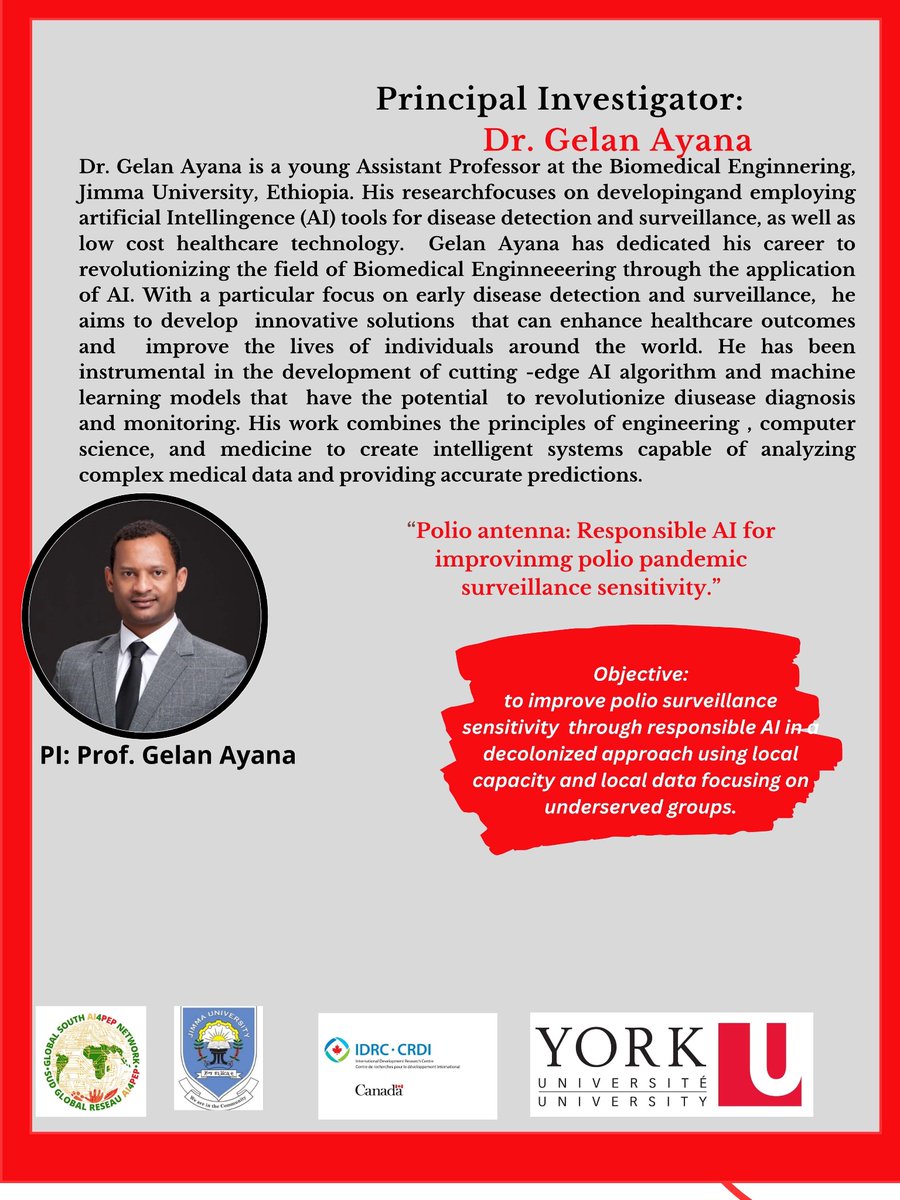 We’re pleased to present our new partner from <a href="/jimma/">jimma</a> university in #Ethiopia. Prof. #GelanAyana is a proud PI for the project. <a href="/YorkUScience/">YorkU - Science</a> <a href="/dzevela/">Jude  Kong</a> <a href="/Ai4declicSn/">AI4DECLIC-SN</a> <a href="/IDRC_CRDI/">IDRC | CRDI</a> <a href="/AI4EWARS/">AI4EWARS Project</a> <a href="/polioantenna/">Polio Antenna Project</a>