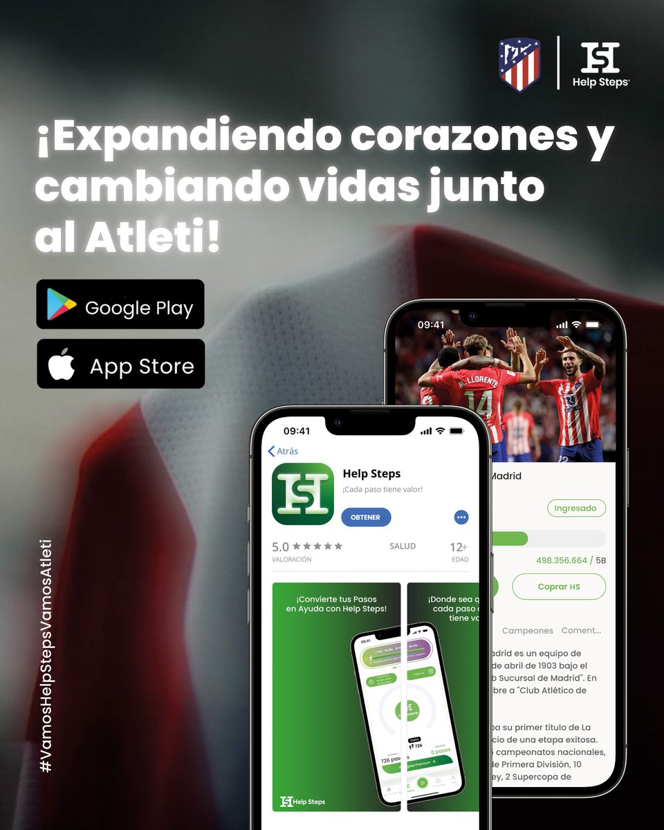 Gracias al acuerdo entre <a href="/helpstepsesp/">Help Steps ESP</a> y el Atleti, ahora puedes apoyar a tu equipo favorito.

Con Help Steps conviertes los pasos que das en ayuda directa al <a href="/Atleti/">Atlético de Madrid</a> 

¿Cómo funciona? ¡Descarga Help Steps y descúbrelo!

bit.ly/hs-download