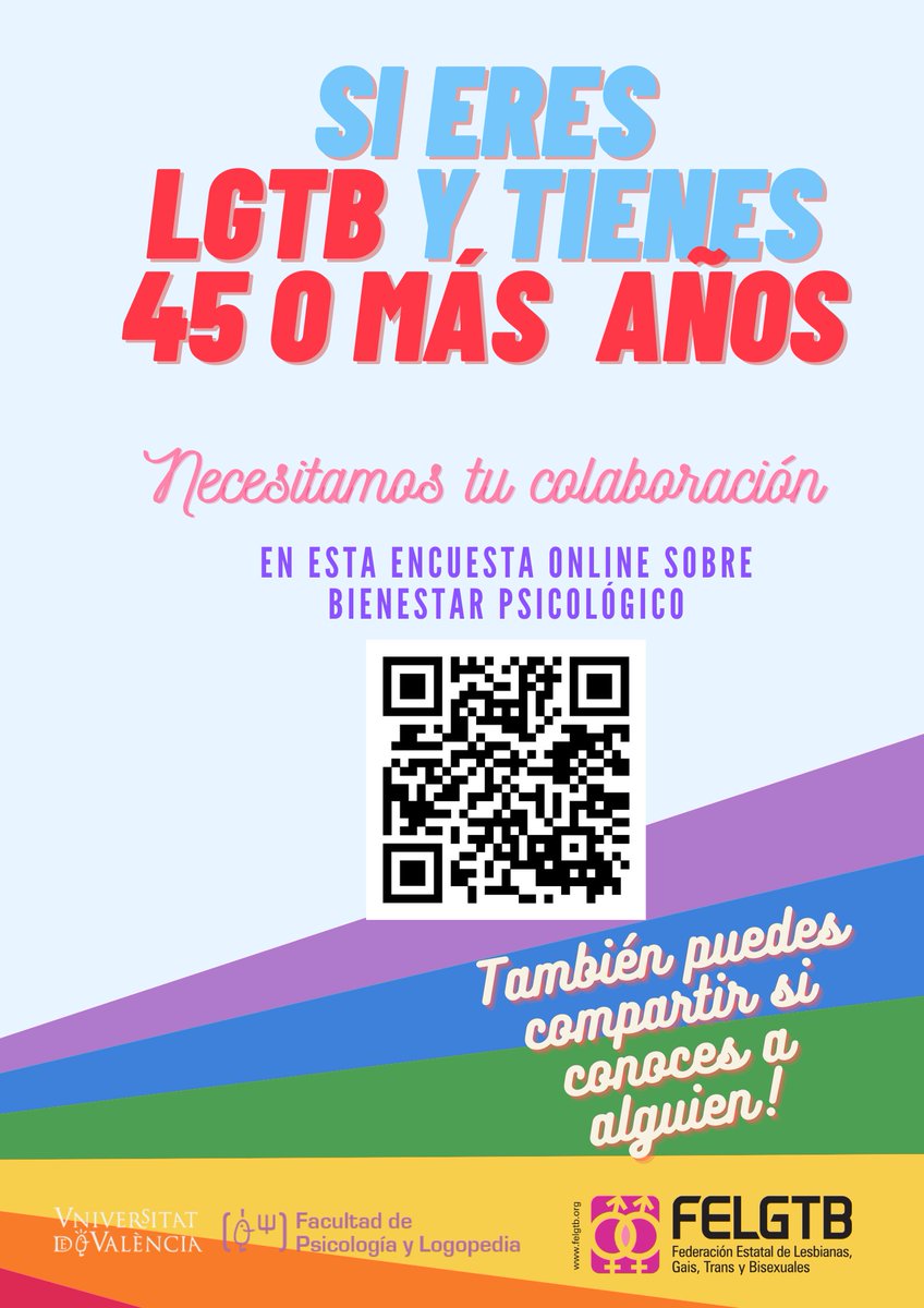 🌈¿Eres LGTBI y tienes 45 años o más? Desde la @psicologia_uv  están llevando a cabo una encuesta online sobre bienestar psicológico en personas adultas y mayores LGTB y necesitan tu ayuda. 

¿Te animas a participar? ⏳Serán solo unos minutos 
docs.google.com/forms/d/e/1FAI…
