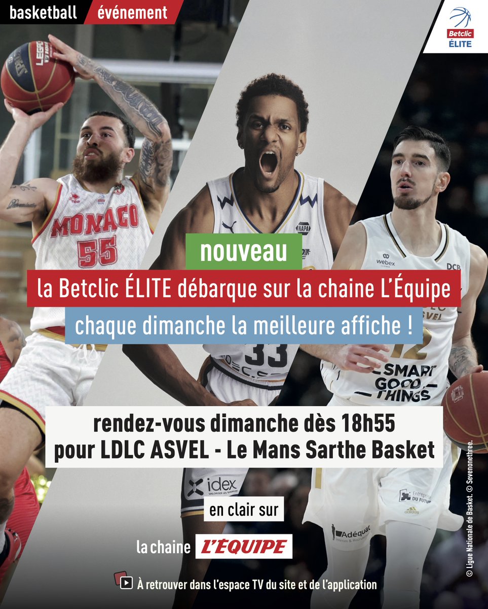 🏀 La #BetclicELITE débarque sur <a href="/lachainelequipe/">la chaine L'Équipe</a> 

Chaque dimanche, retrouvez la meilleure affiche !

⏰ Dimanche - 18h55
<a href="/LDLCASVEL/">LDLC ASVEL</a> 🆚 <a href="/MSB_Officiel/">MSB_Officiel 🦁</a>