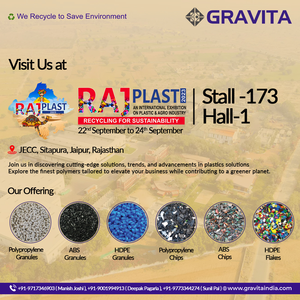 Join us at the Raj Plast 2023 Exhibition and embark on a journey into the world of plastics like never before! Let's meet and discuss how our sustainable solutions can elevate your business to new heights.

#RajPlast2023 #PlasticInnovation #SustainableSolutions #BusinessGrowth