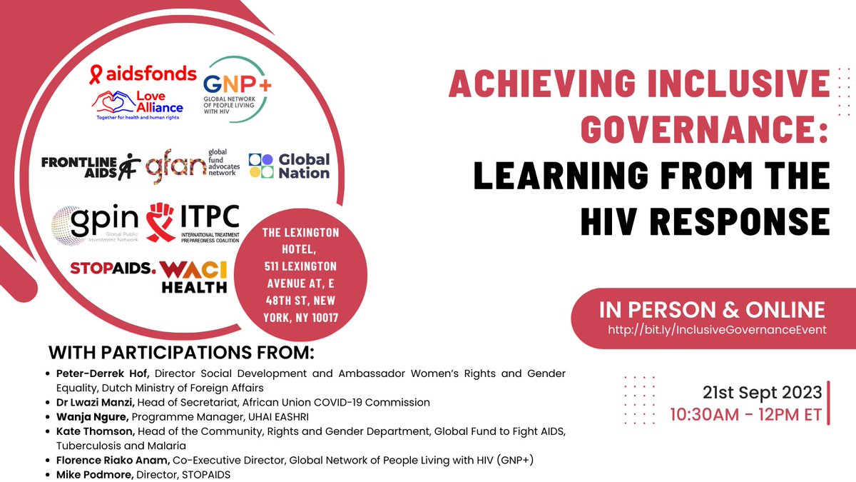 📢WEBINAR! Join us next week at this #UNGA side event in person or online, highlighting lessons learned from the #HIV response in achieving inclusive governance.   

Sept 21, 10.30 ET

Make sure to register here: bit.ly/InclusiveGover…

#UNGA78 #HLM2023 #UHC2023 #HealthForAll