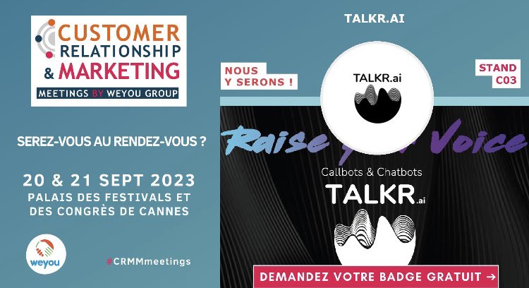 talkr_ai's tweet image. 🙌  In concrete terms, how can #AI in all its forms help Customer Relations and Marketing ? 
#CustomerRelationshipMarketingMeetings 2023, here we come ! 
#CRMMeetings @KatyaLaine