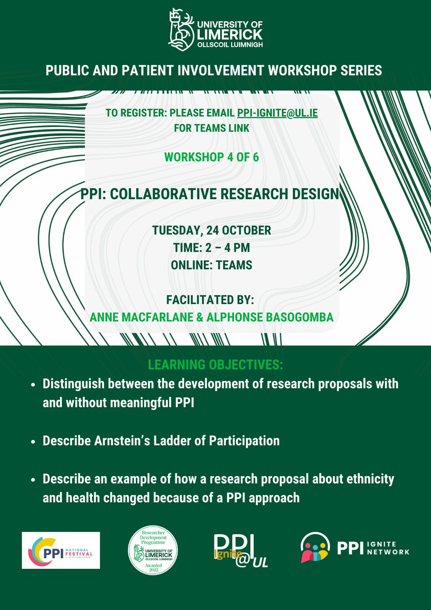 PPI: Collaborative Research Design Workshop now taking registrations! @LornaKerin @macfarlane_anne @jsalsb @MedicineAtUL @PPI_Ignite_Net