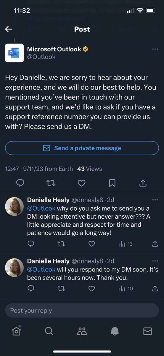 dnhealy8's tweet photo. @Outlook you have the worst response rate ever. Asking individuals to be patient on issues when you do not respect time &amp; urgency for others. You hold personal data &amp; should be accountable to respond &amp; provide adequate service. #miscrosoftdisasters #nocustomerservice #nightmare https://t.co/WMgcxDRAQL