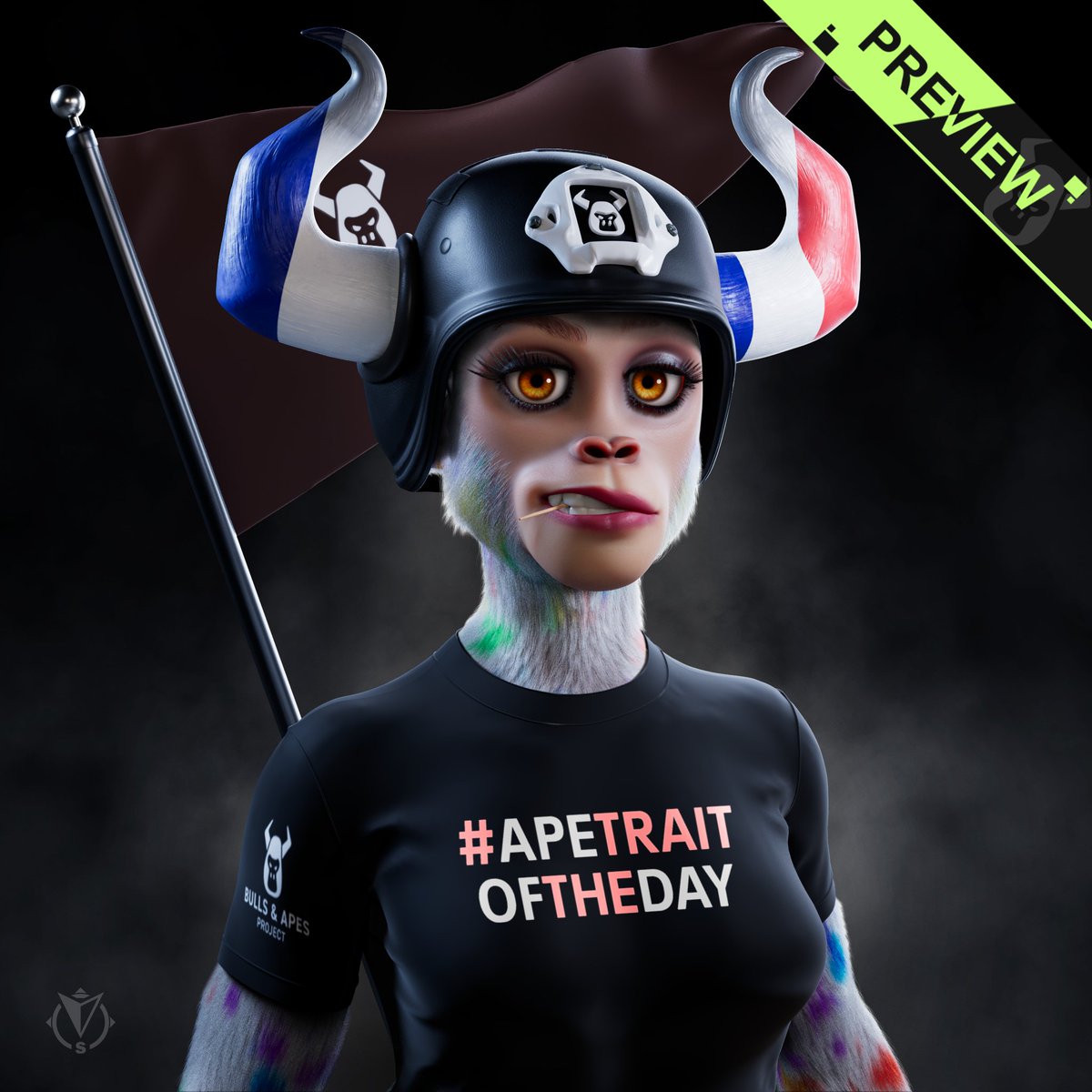 Maline_eth's tweet image. Gm 🌻 Surprise surprise, I chose French horns 🇫🇷

#ApeTraitOfTheDay: Country horns
Made with #TheConfigurator by @BullsApesProj