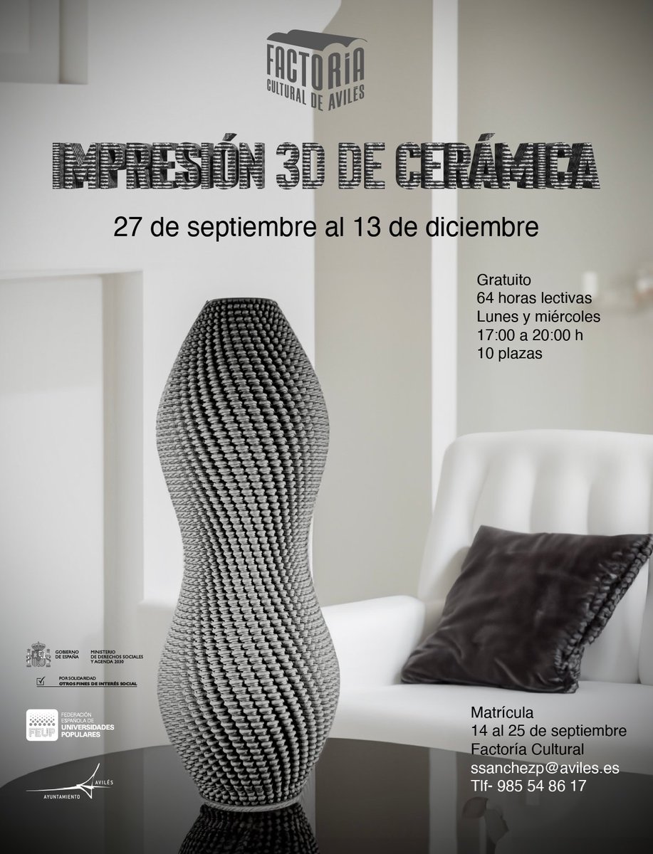 Unimos la cerámica y las nuevas tecnologías en este curso de "Impresión 3D en cerámica"
Del 27 de septiembre al 13 de noviembre
10 plazas
64 horas lectivas
Gratuito
Lunes y miércoles de 17:00 a 20:00
Matrícula abierta hasta el 25 de septiembre