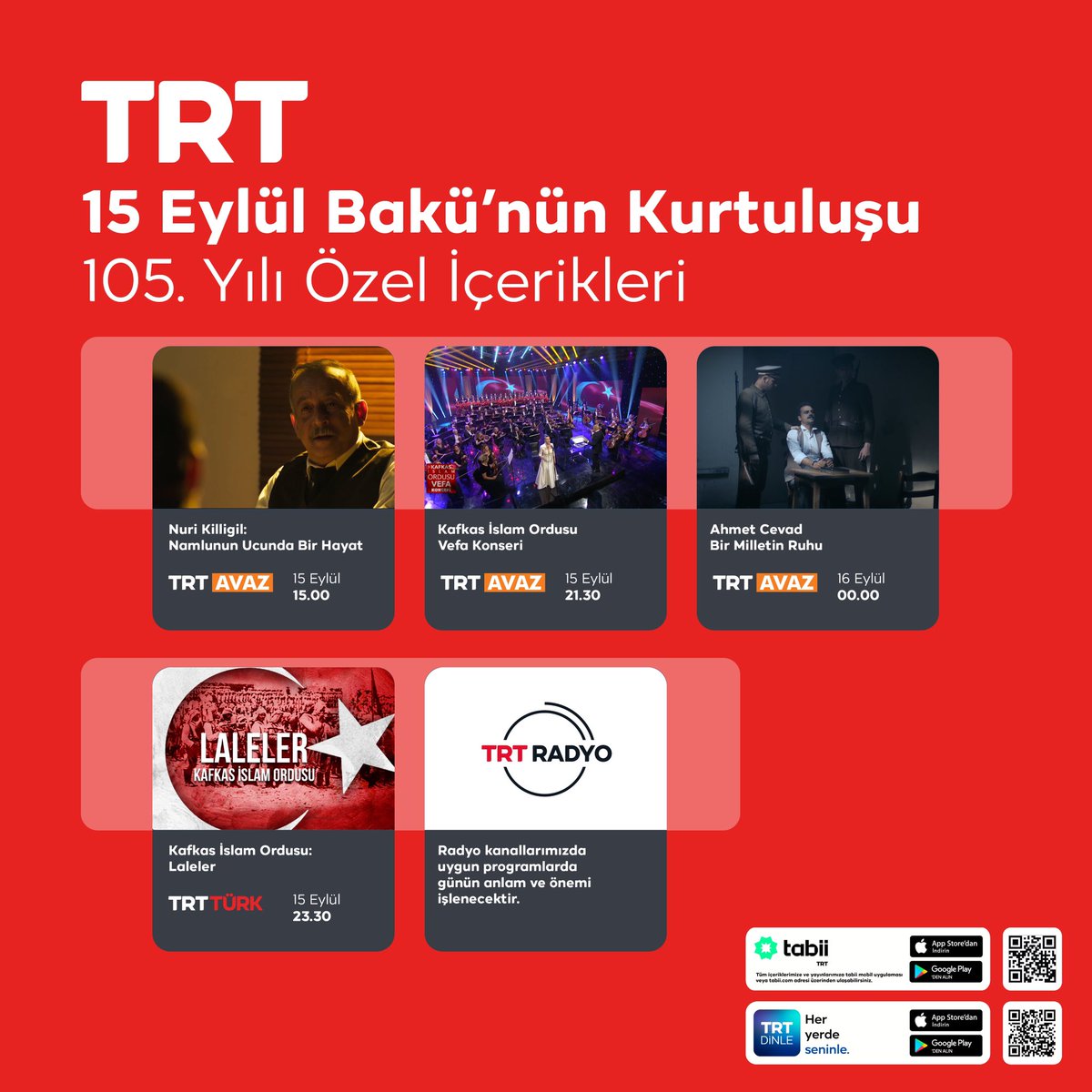 trt_ebatv's tweet photo. 15 Eylül Bakü’nün Kurtuluşu 105. Yılı Özel İçerikleri @trtavaz ve @trtturk kanallarında.
#Bakü
#trtavaz
#trtturk https://t.co/bkwcuMUpBO