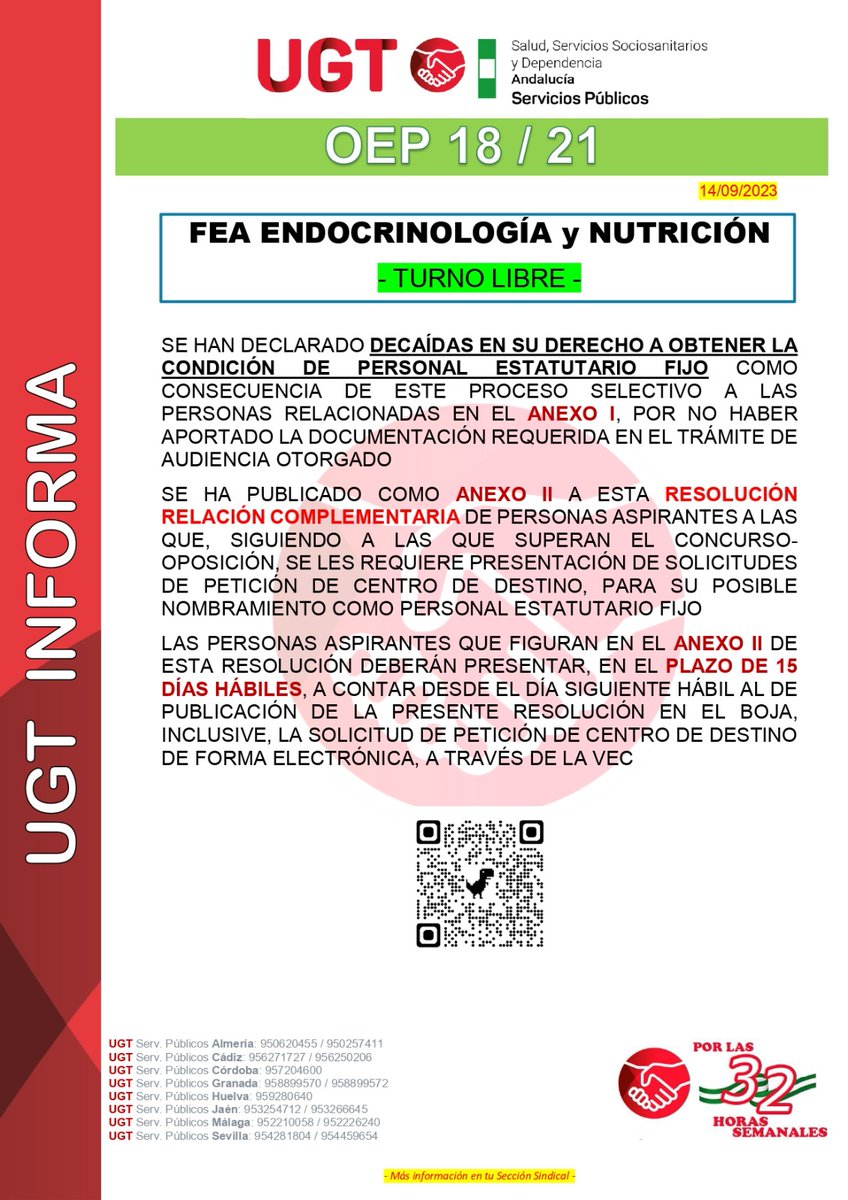 Ugt_A_Sanidad's tweet photo. 🔴 OPE 𝑺𝑨𝑺: declarado 𝐷𝐸𝐶𝐴𝐼𝐷𝑂𝑆 ss categoría con plazo de 15 días hábiles:                   
        ✅ FEA Endocrinología y Nutrición TL

@UGT_SPANDALUCIA @UGT_Andalucia @UGT_SP 
#ugtsanidadandalucia #opesas #decaidos #relacioncomplementaria https://t.co/vL4FrfyZ9Q