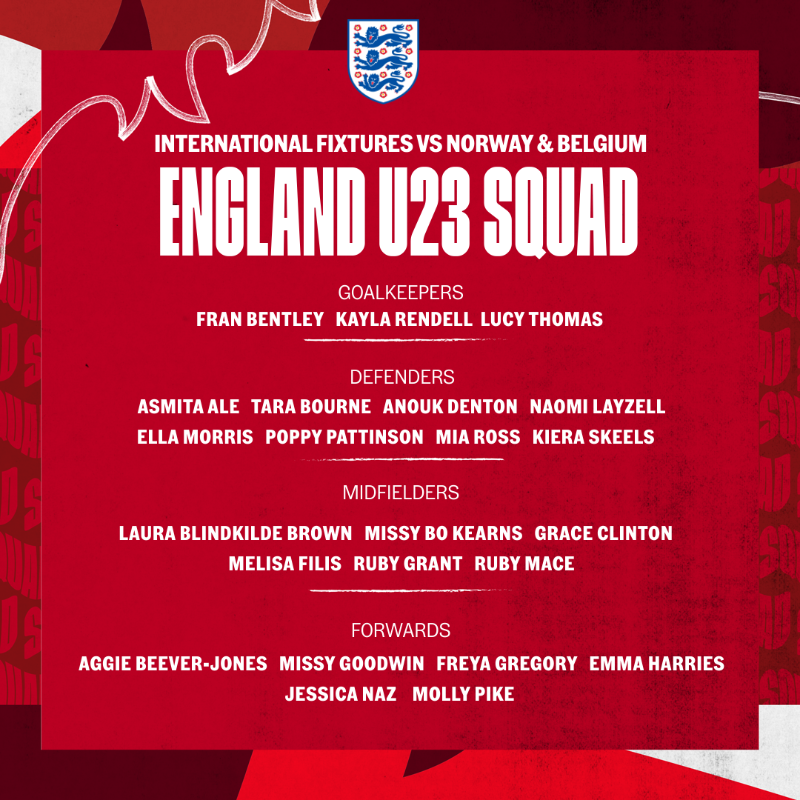 Lionesses's tweet photo. Emma Coates has named a 23-strong squad for the first two fixtures of our #YoungLionesses new campaign! 👊