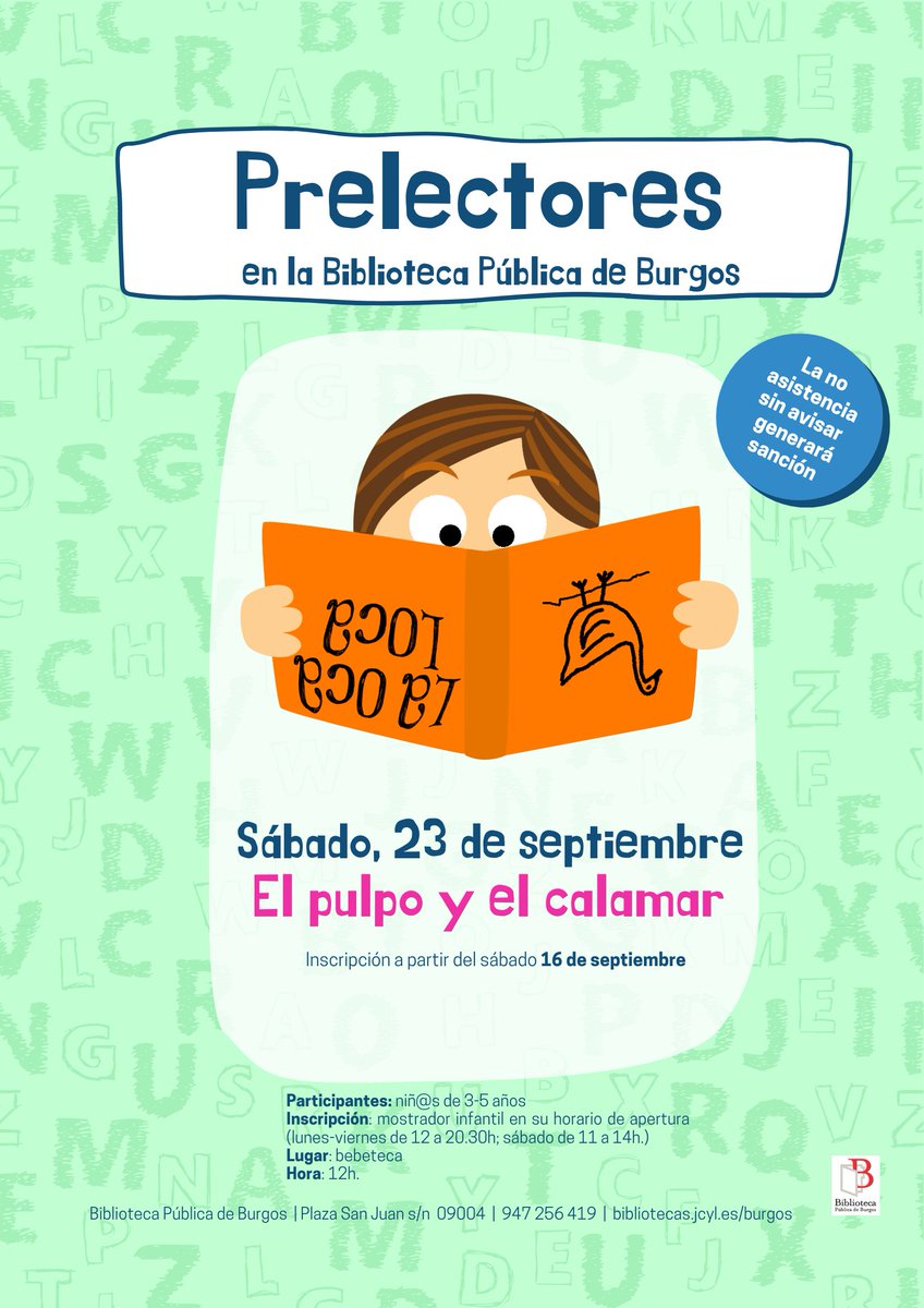 biblioburgos's tweet photo. Pero…¿qué le pasa al calamar? Ahhh, es que ha perdido algo…
Ven a la #BibliotecaPúblicaBurgos al cuentacuentos-taller “EL PULPO Y EL CALAMAR”… para buscar las gafas de bucear del calamar
Inscripción: desde 16 de septiembre. Zona infantil
3-5 años
#Prelectores https://t.co/IOGE0xvxor
