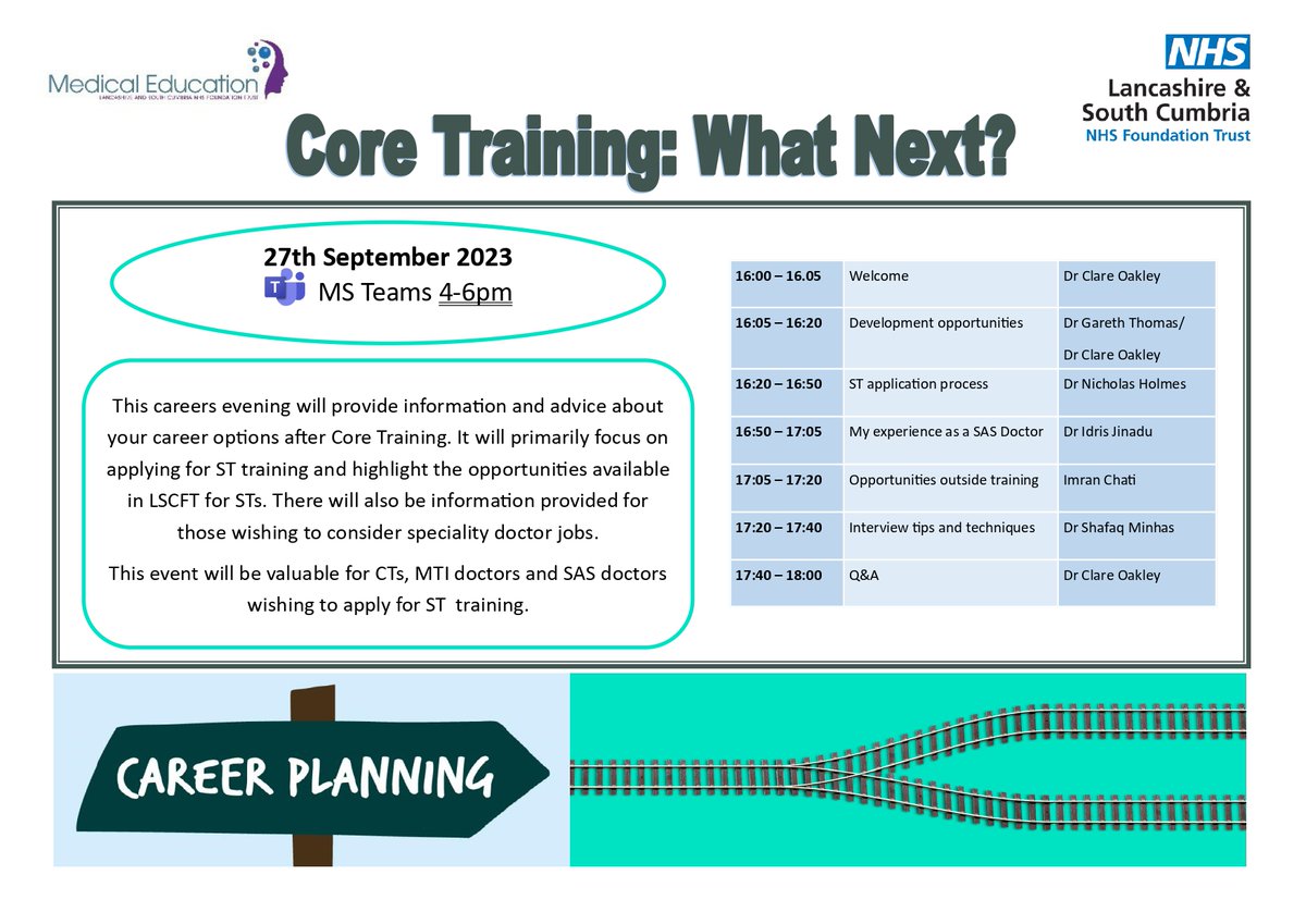 Are you a CT, MTI or SAS doctor ready to take the next step in your career? If so, join us at our careers evening on 27th September 4-6pm on MS Teams. To book a place or for more info-PostgraduateMedicalEducation@lscft.nhs.uk @LSCFTMedics @NWSASDocs #STtraining #career