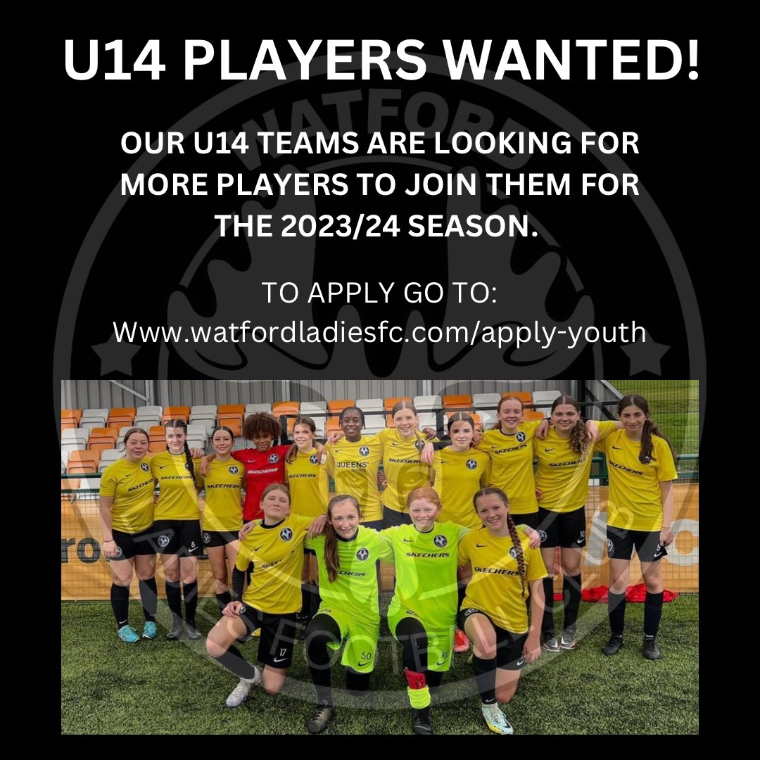 🚨U14 YOUTH PLAYERS WANTED🚨

Our U14 youth teams (school year 8/9) are looking for more players to join them in their 2023/24 season. The girls play in the JPL Warriors league on Saturdays. 

To apply, click on the link below👇 

watfordladiesfc.com/apply-youth
