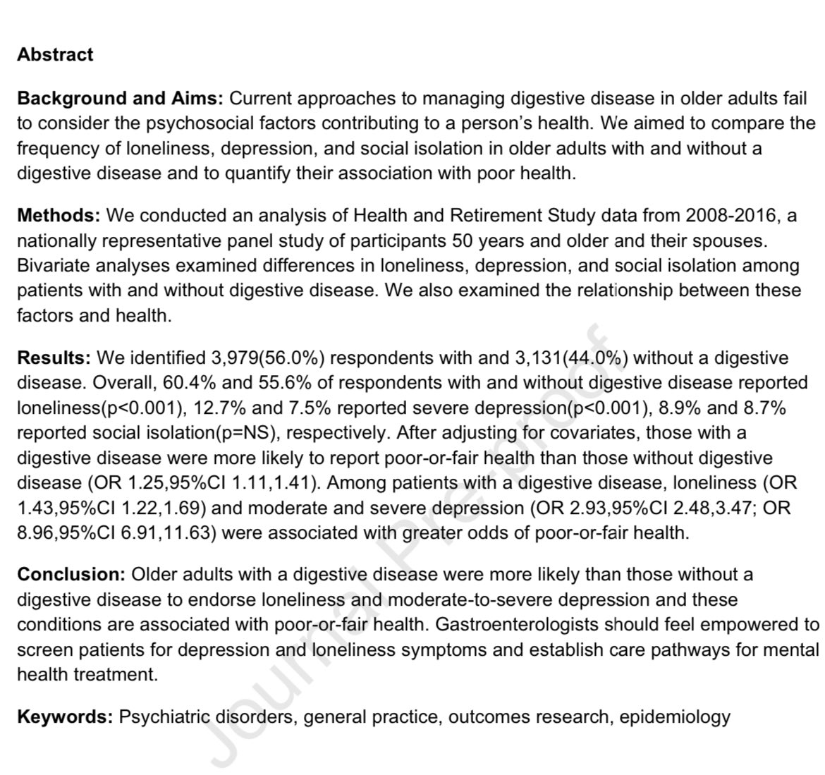 Loneliness

1️⃣common among people with digestive disease (including #cirrhosis and CLD)
2️⃣associated with depression
3️⃣linked to poor health status

From <a href="/ShirleyCoMekMD/">Shirley Cohen</a> in <a href="/AGA_CGH/">CGH</a> 

pubmed.ncbi.nlm.nih.gov/37689253/

#livertwitter #GITwitter