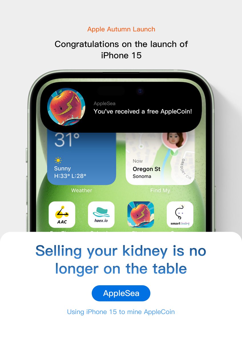 Applesea_io_EN's tweet photo. With IPhone15, you no longer have to sell your waist to mine AppleCoin! 💰🚀
But wait, there's a smarter choice! Don't sell your kidneys anymore, because we bring you a smarter investment opportunity - AppleCoin!!!🌟
#Apple #Apple15  #WEB3  #BLOCKCHAIN https://t.co/1z8n2kL06B