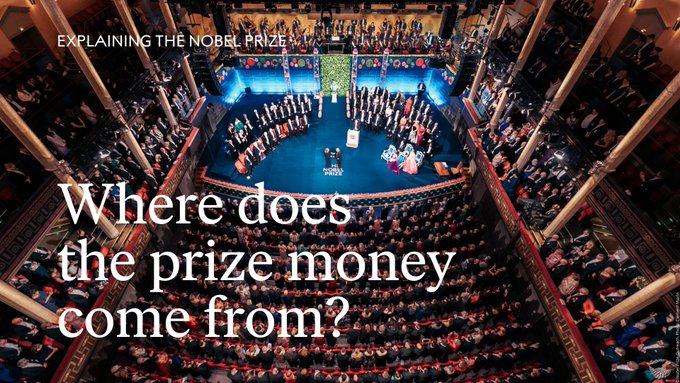 An aerial view of the Nobel Prize Ceremony at the Konserthuset in Stockholm. Over the image is white text that reads: "Explaining the Nobel Prize. Where does the prize money come from?"