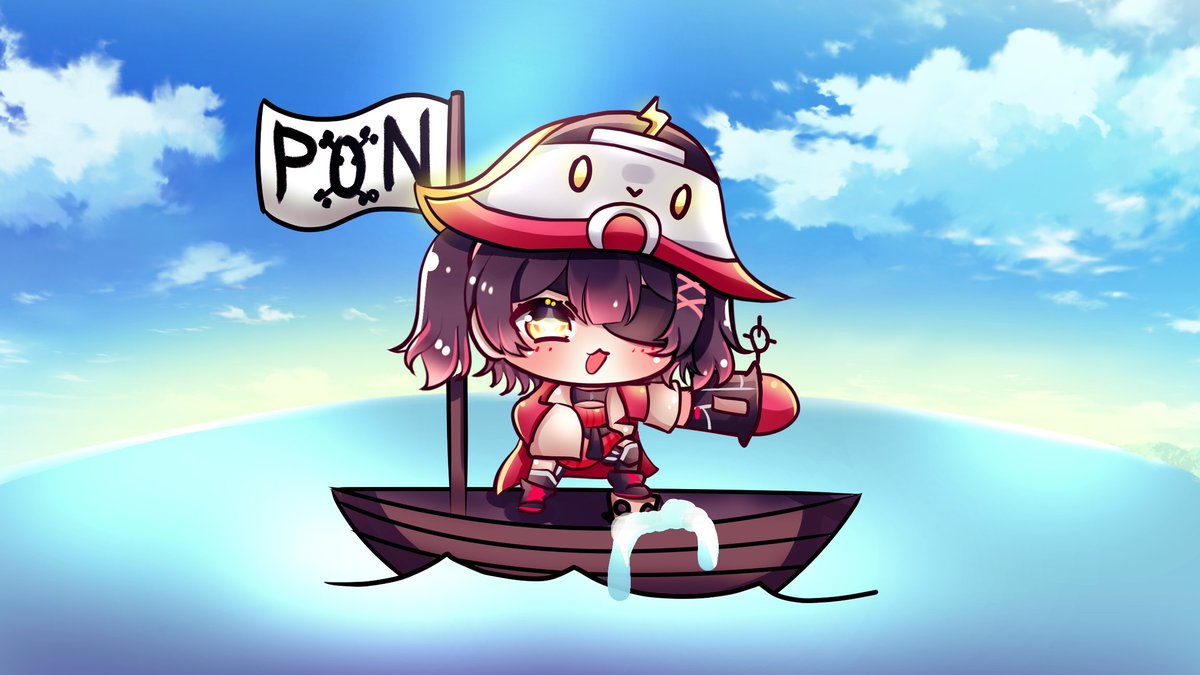 1girl chibi pirate hat solo hat sky watercraft  illustration images