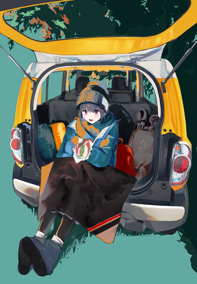 shima rin 1girl solo hat sitting motor vehicle purple eyes food  illustration images