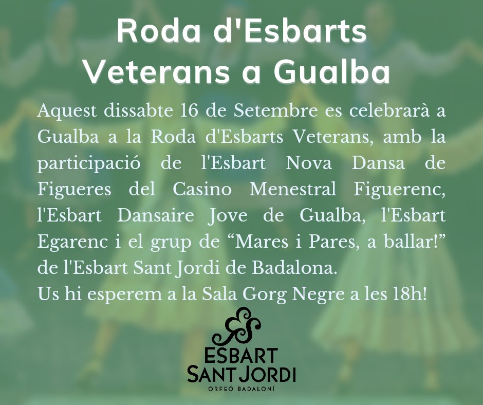 📣 Aquest dissabte 16 es celebrarà a Gualba a la Roda d'Esbarts Veterans.

Participa: l'Esbart Nova Dansa de Figueres del Casino Menestral Figuerenc, l'Esbart Dansaire Jove de Gualba, l'Esbart Egarenc i els Sèniors de l'Esbart Sant Jordi de Badalona.

#EsbartSantJordiBDN (1/2)