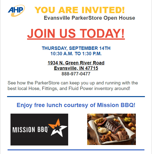 Make Sure to Stop by Today from 10:30 am-1:30 pm for the grand-opening of our new Evansville, IN location. Enjoy free Mission BBQ and chances at great giveaways. Directions are provided in the link Below! #grandopening #hydraulic  <a href="/ParkerStore/">ParkerStore</a> 

ow.ly/vBfN50PKAFI