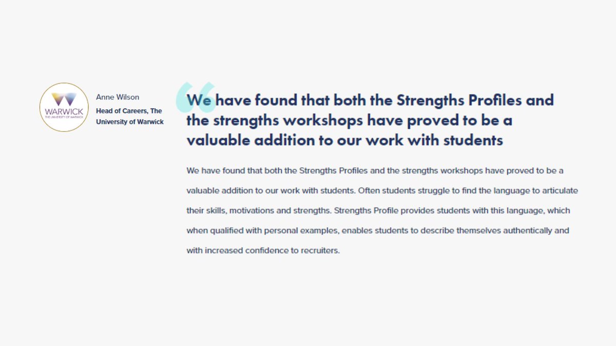 "Often students struggle to find the language to articulate their #skills, motivations and #strengths. Strengths Profile provides students with this language." Anne Wilson, The University of Warwick.

More about our 'Strengthening your #Career' workshops: ow.ly/w2aQ50PHV0z