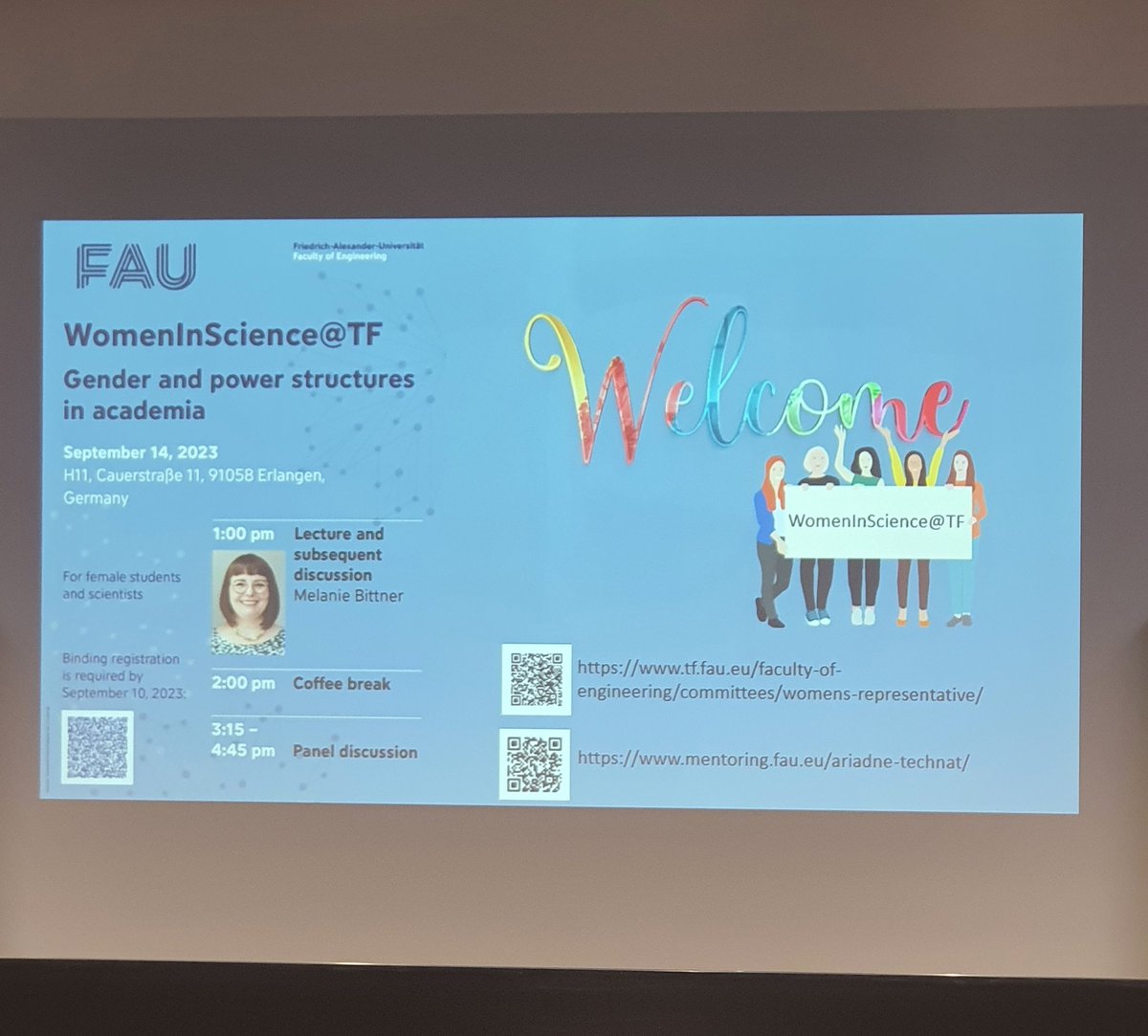 It has a great #WomensInScinence@TF networking event today! Talk on: 'Gender and power structures in academia'. Come and join us! @FAU_GradCentre @UniFAU @DeptWW_FAU